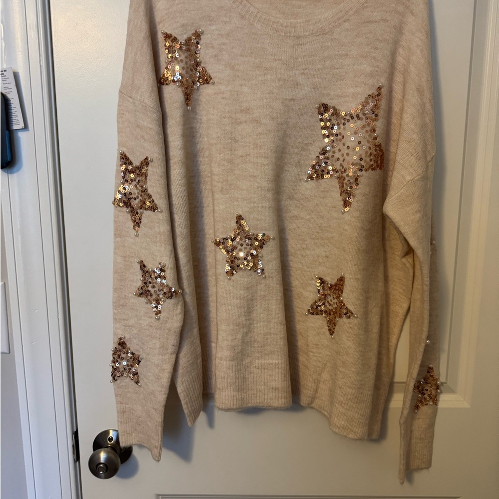 Fantastic Fawn Cream Crew Neck Sweater with Star Accents